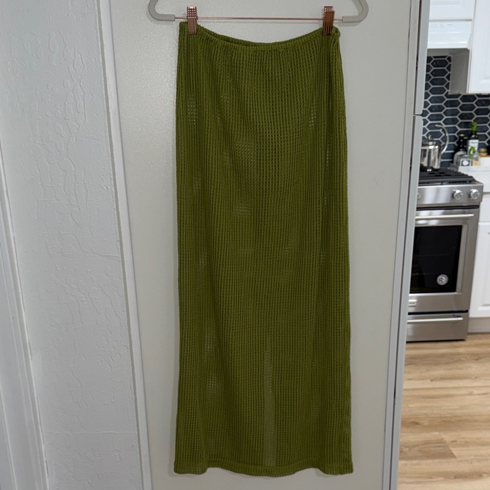 Olive Green Sheer Knit Maxi Skirt Cover up | S/M